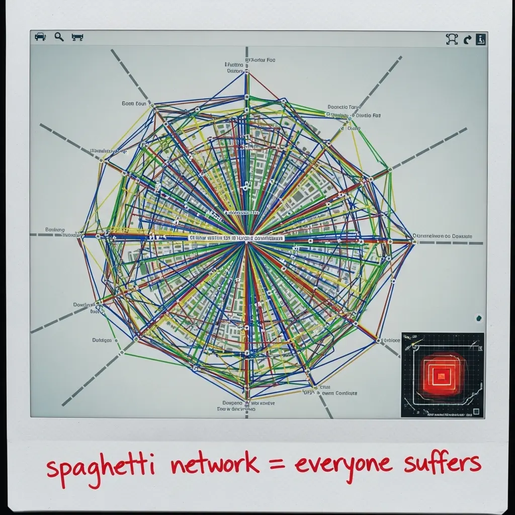 Spaghetti network visualization: overlapping corridors and inefficient parallel routes