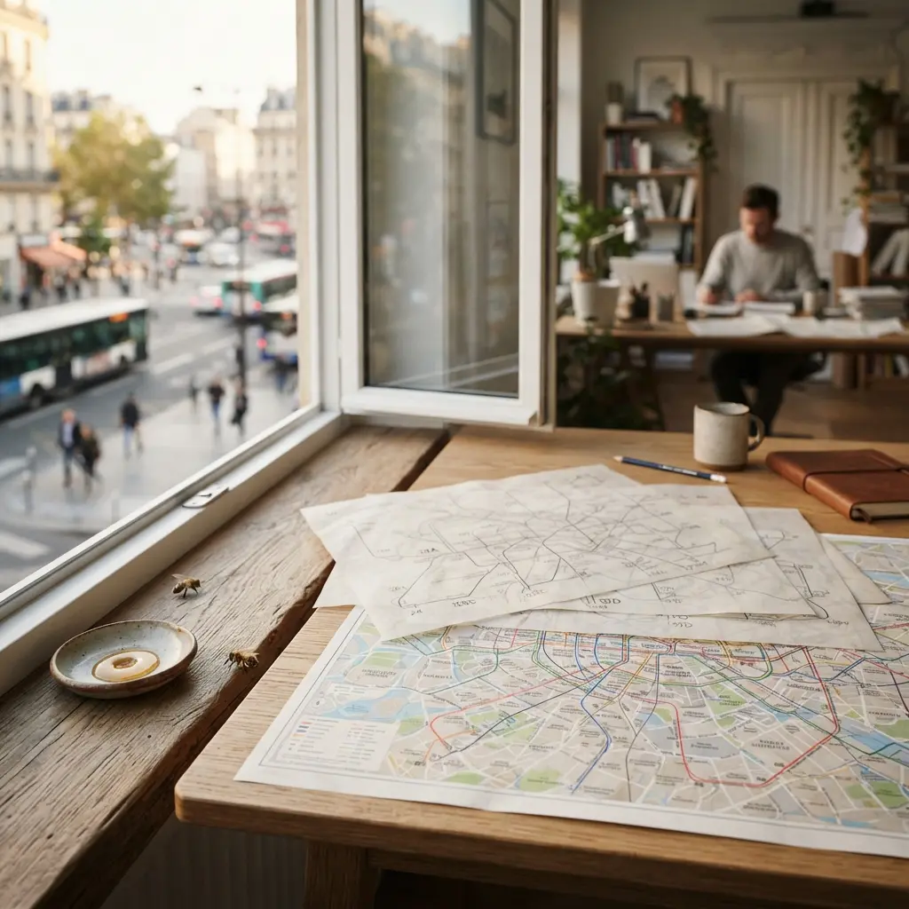 Transit maps and alternative-route sketches on a planner’s desk, with bees at the window — exploring a solution space