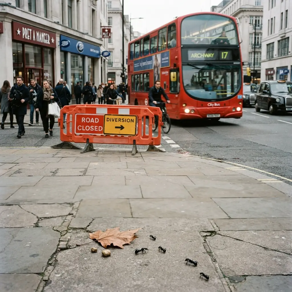 Ants navigating cracked pavement beside a city bus and a road-closed diversion — local search versus a city network