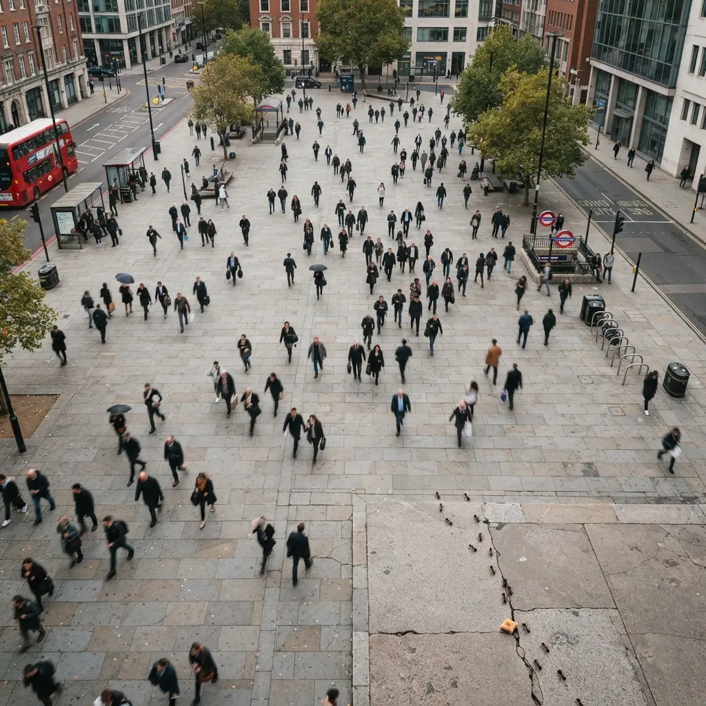 Ants following a pavement crack in a busy city plaza — colony pathfinding beside urban pedestrian flows