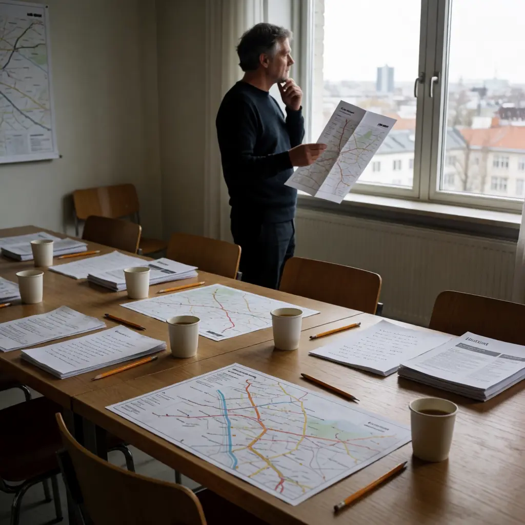Belediye strateji toplantısında ağ haritalarını inceleyen transit planlamacı — rota optimizasyonundan önce başarıyı tanımlarken