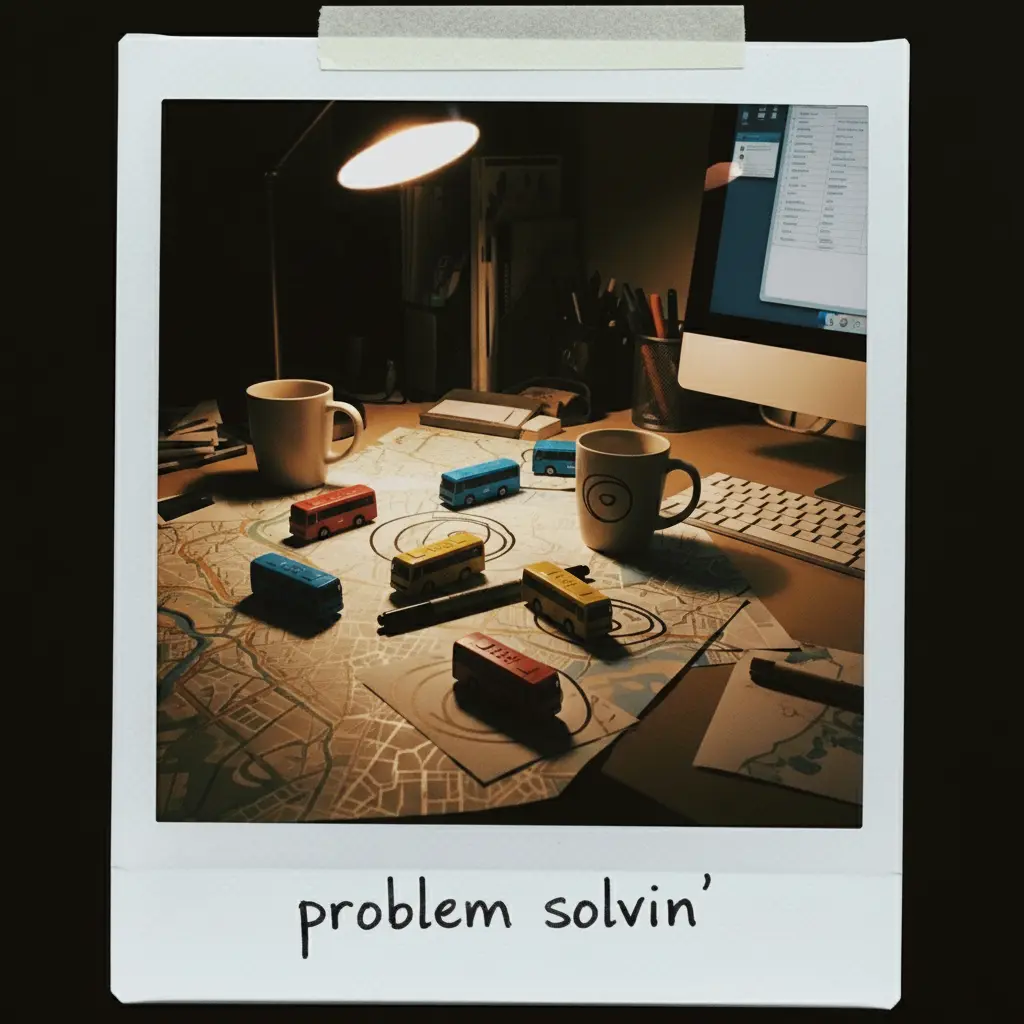 Multi-depot routing problem showing inefficient bus repositioning between depots and route starting points creating empty kilometers