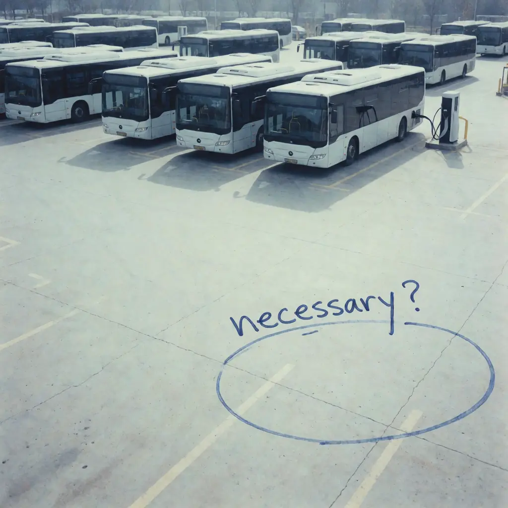 Electric bus depot with one charger in use and an empty bay marked “necessary?” — questioning extra charging infrastructure