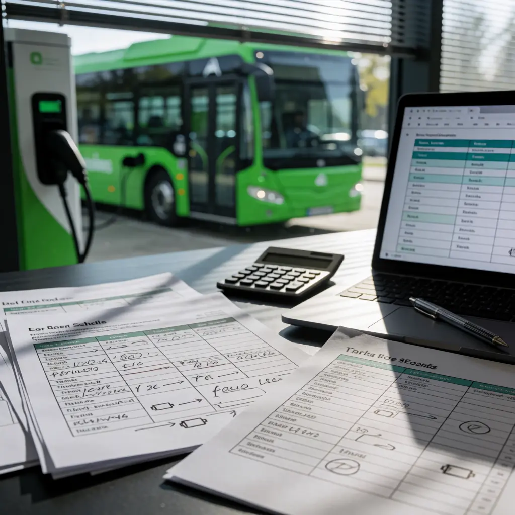 Operations desk with charging schedules and traffic analysis papers, electric bus charging outside the window