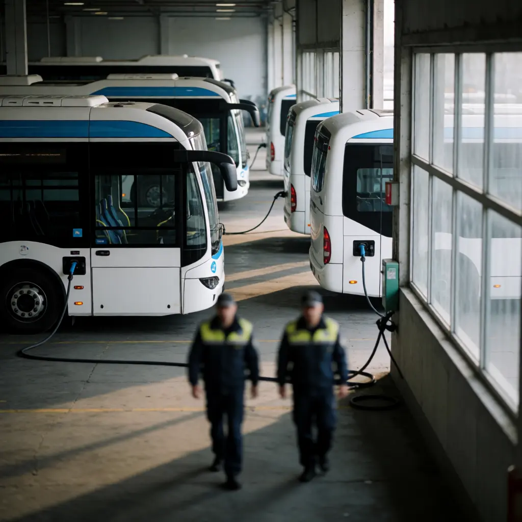 Electric buses plugged into depot chargers while operations staff walk the bay — infrastructure meets daily fleet management