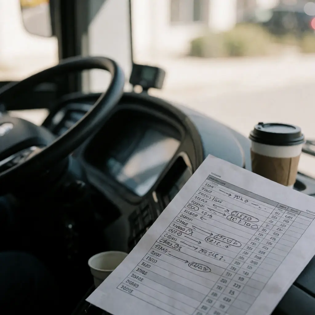 Hand-annotated vehicle schedule on an electric bus dashboard — manual rotation planning under energy constraints