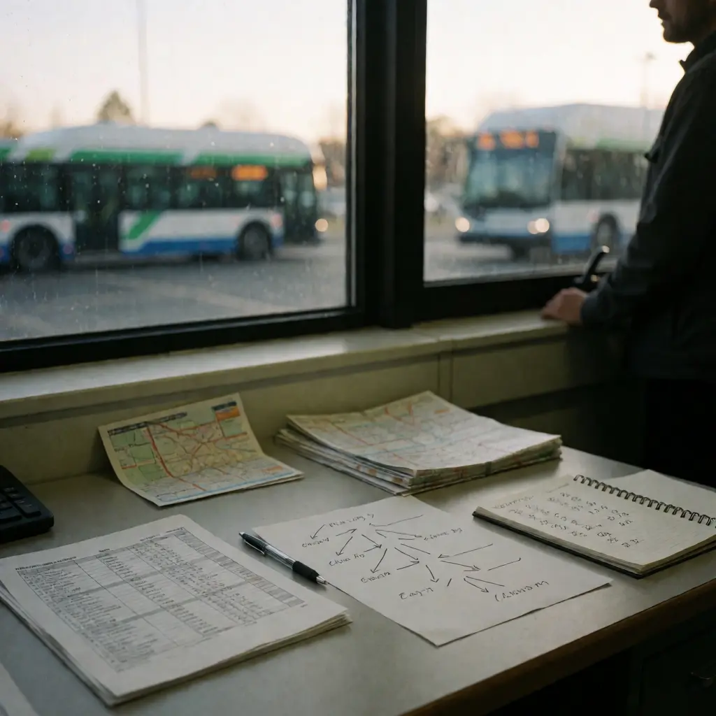 Transit planner reviewing flow diagrams at dusk while buses wait in the depot yard — operational intelligence over paperwork