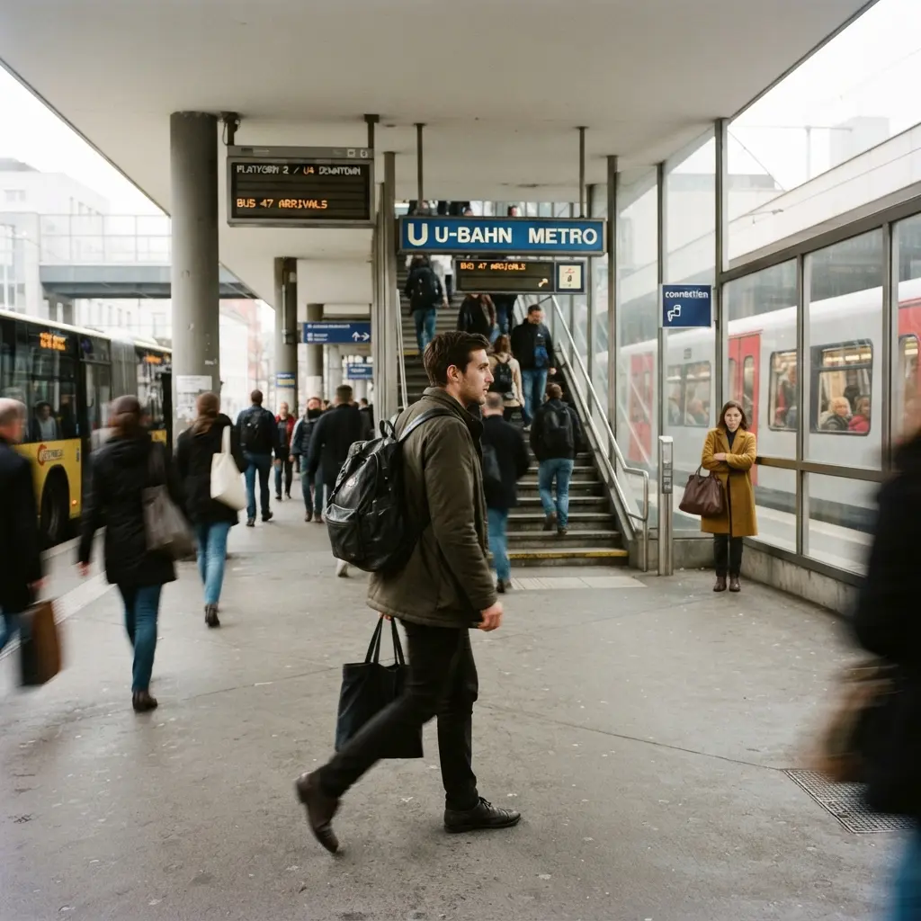 Commuter walking toward a metro entrance — access and transfer time as part of total travel cost