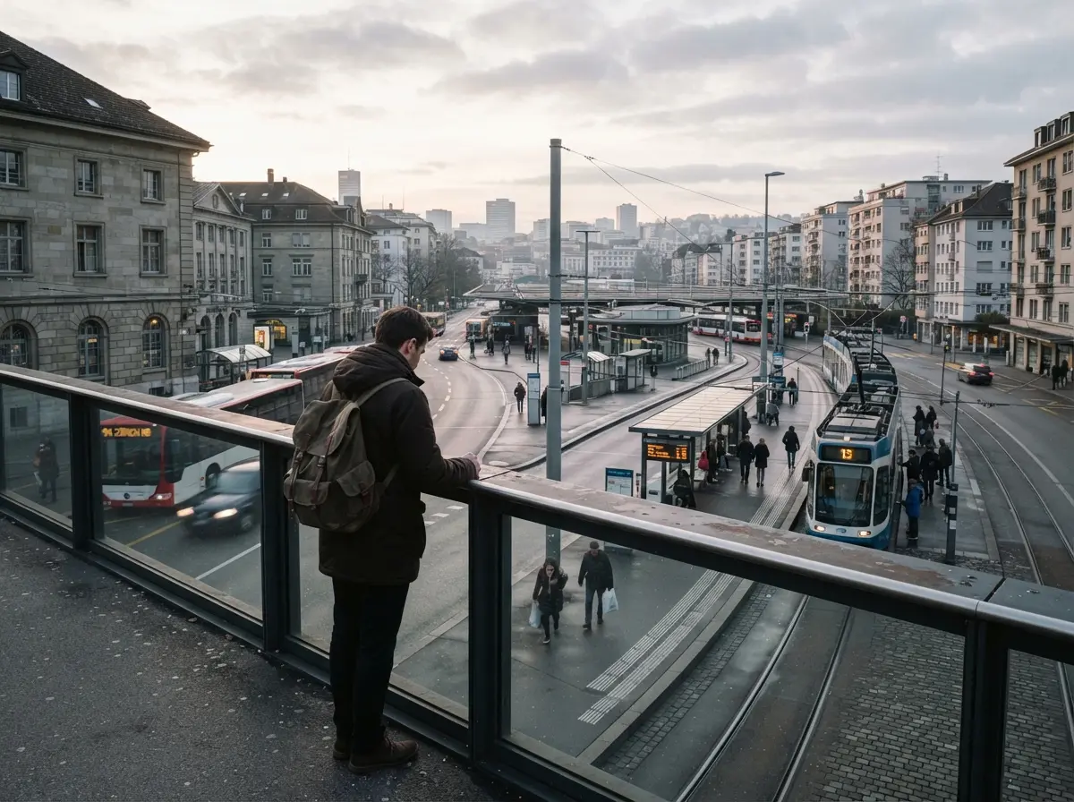 Commuter observing a transit network map — evaluating transfer points and service connectivity