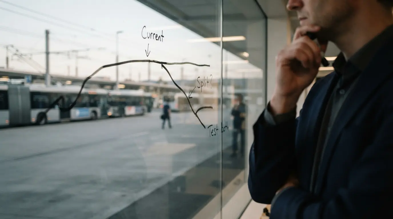 Transit planner drawing alternative route configurations on a whiteboard — testing corridor segmentation scenarios