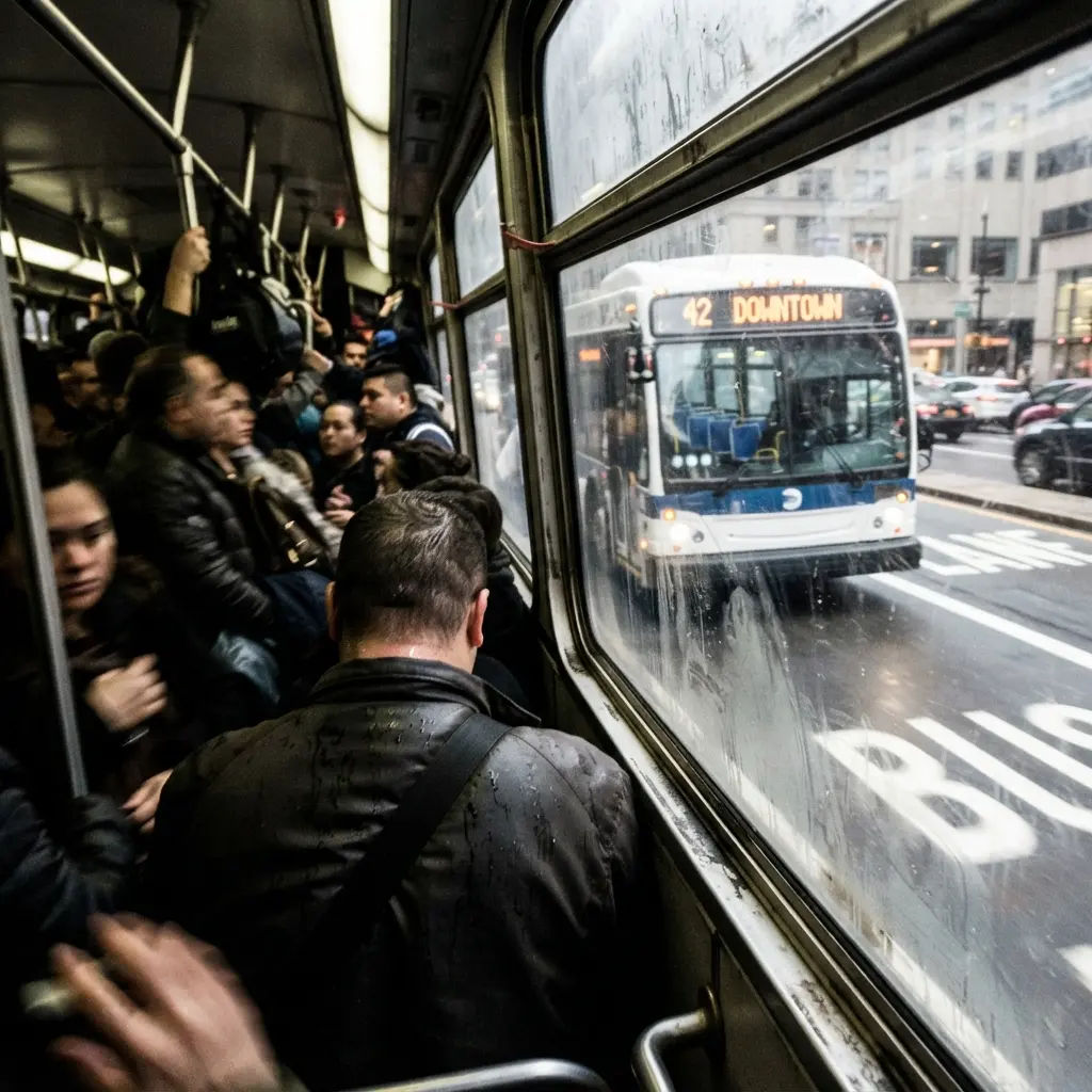 Kalabalık otobüs içinden boş koltuklu başka bir otobüse bakış — kapasite bir hatta dolu, diğerinde atıl