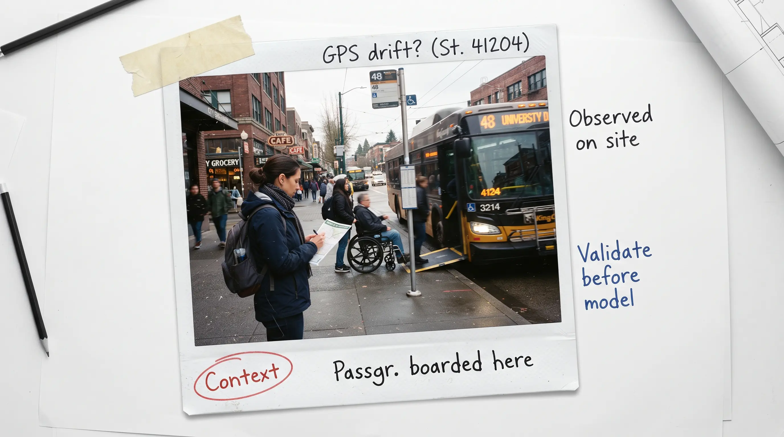 Transit planner observing boarding at a city bus stop — operational context behind trusted data