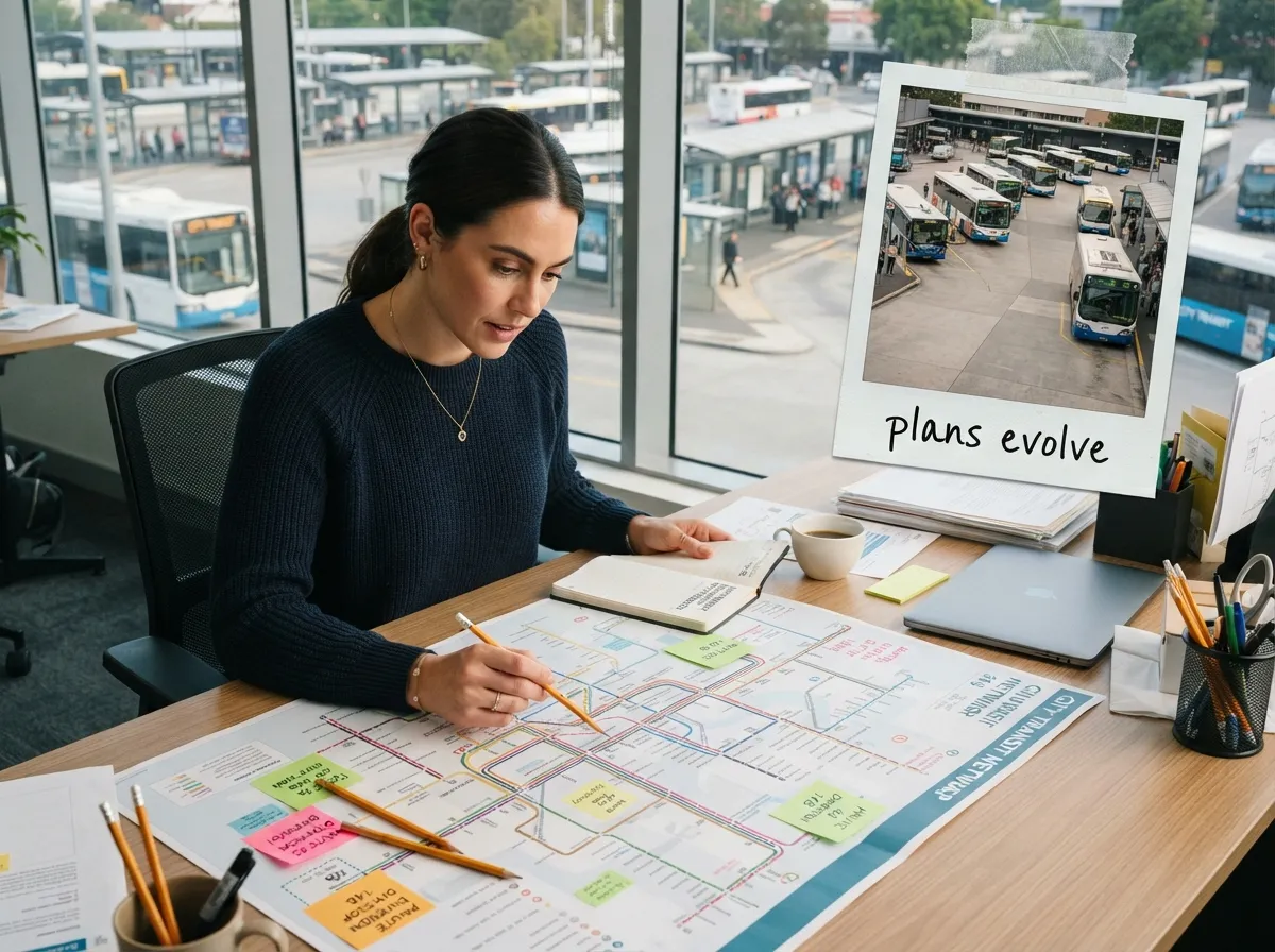 Transit planner studying a city network map at her desk, with a bus terminal visible through the window