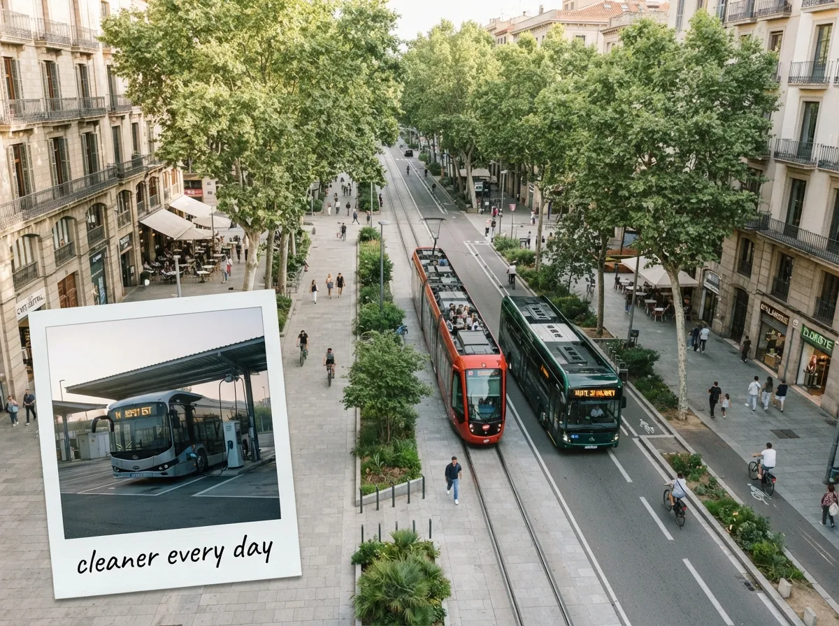 Tree-lined city boulevard with tram, electric bus, bike lane, and pedestrians — cleaner urban mobility