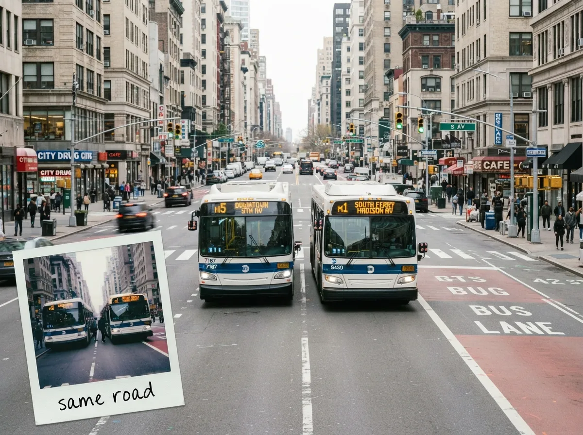 Two city buses side by side in the same corridor — overlapping routes on the same road