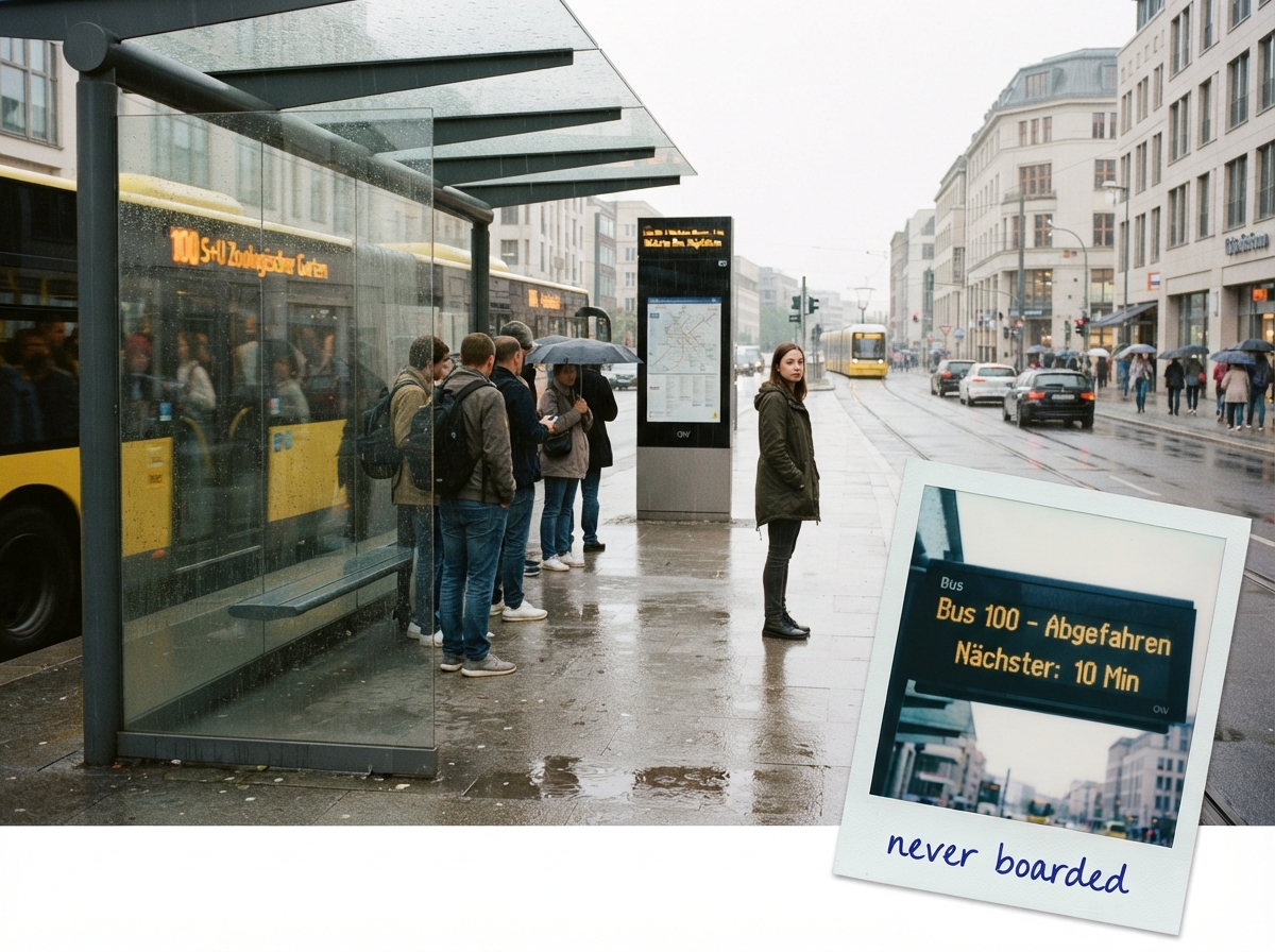 Rainy bus stop crowd waiting as the board shows a just-departed bus — the passenger who never boarded