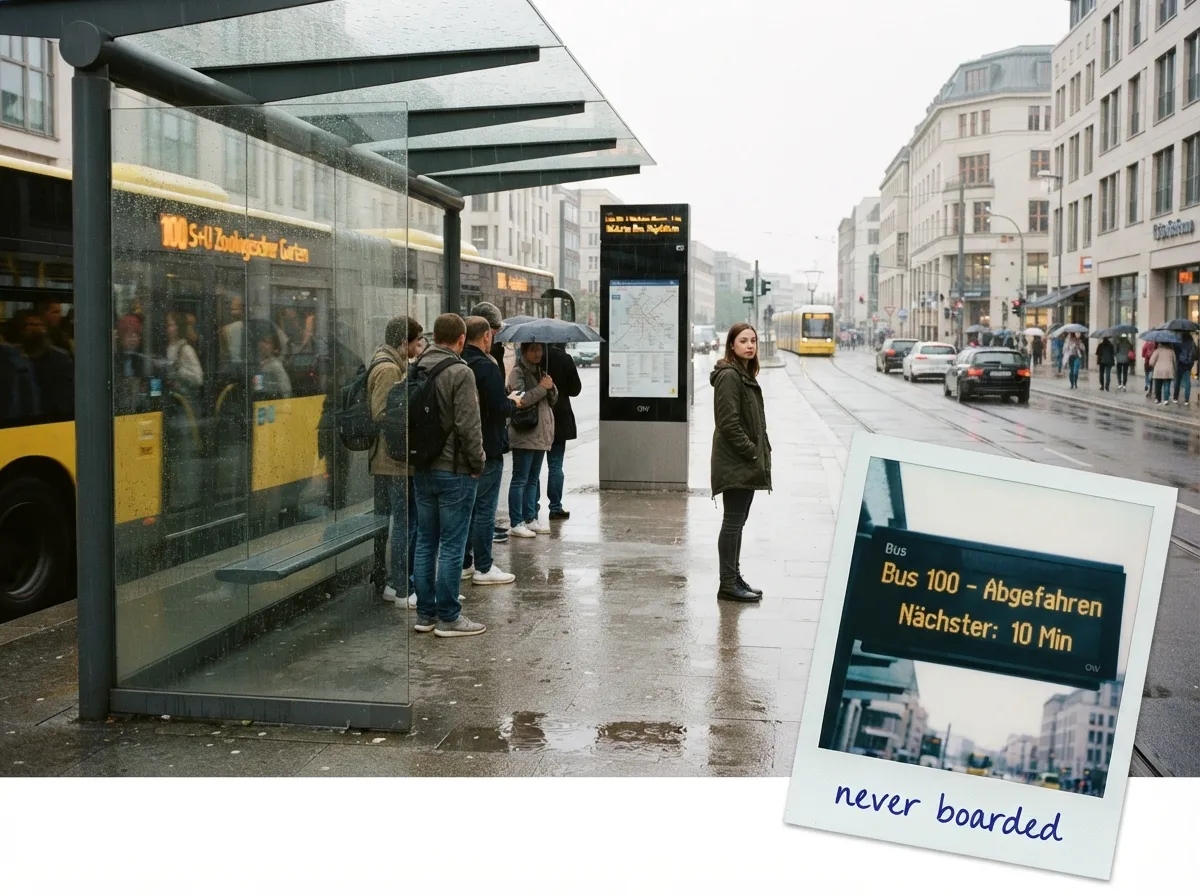 Rainy bus stop crowd waiting as the board shows a just-departed bus — the passenger who never boarded