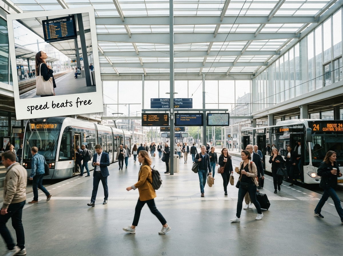 Tramvay, otobüs, kalkış panoları ve yürüyen kalabalıklarla yoğun multimodal terminal