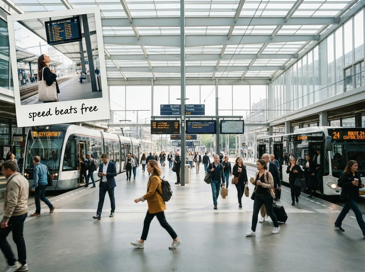 Busy multimodal terminal with tram, bus, departure boards, and walking crowds — speed vs free access