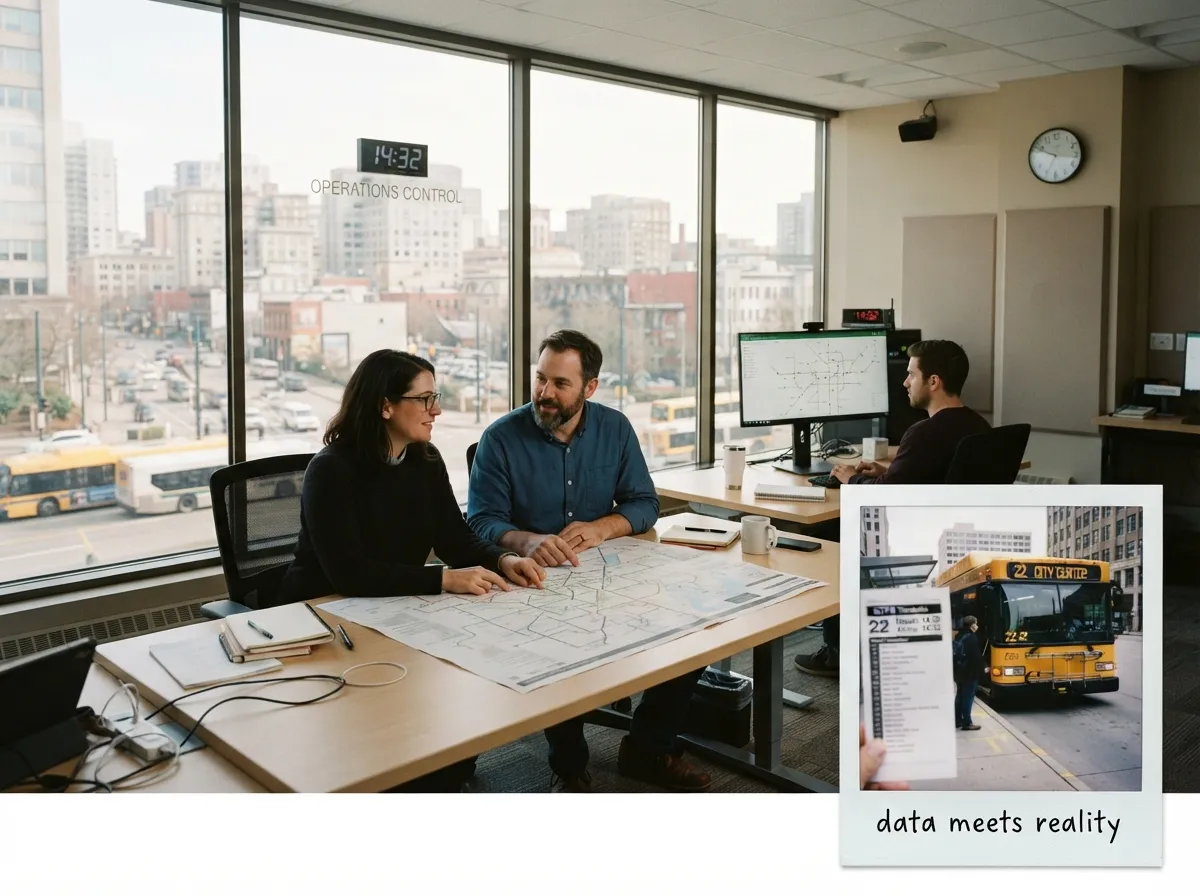 Operations control room: planners review a transit map while city buses run outside — data meets service reality