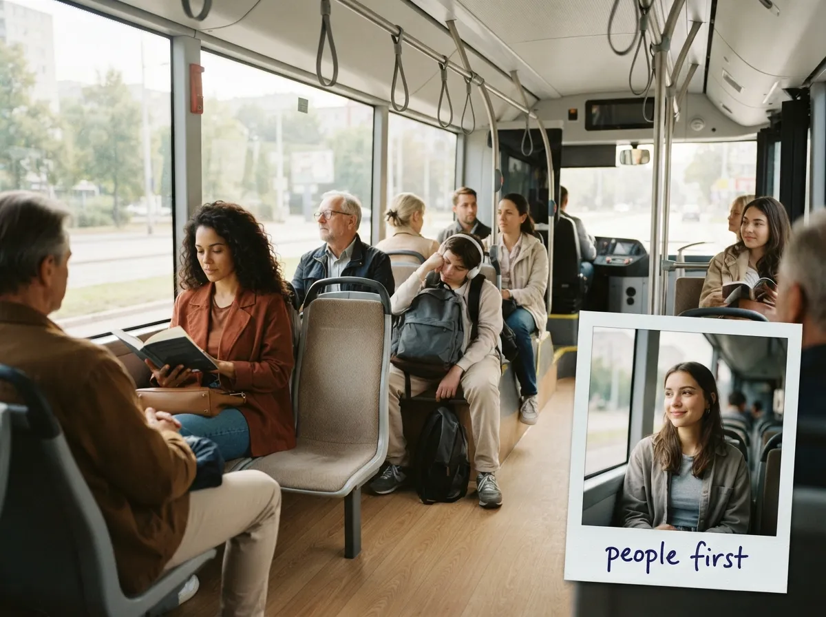 Passengers reading, resting, and commuting inside a bright modern transit cabin — people first