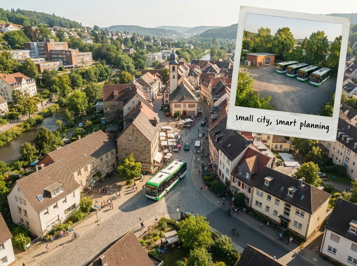 Aerial view of a small European town square with a municipal bus and a compact depot inset