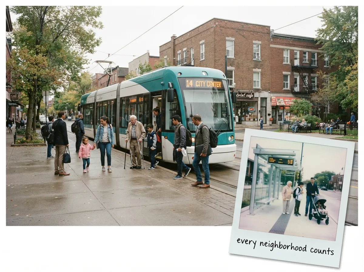Neighborhood tram stop: elders, children, and commuters boarding — every neighborhood counts