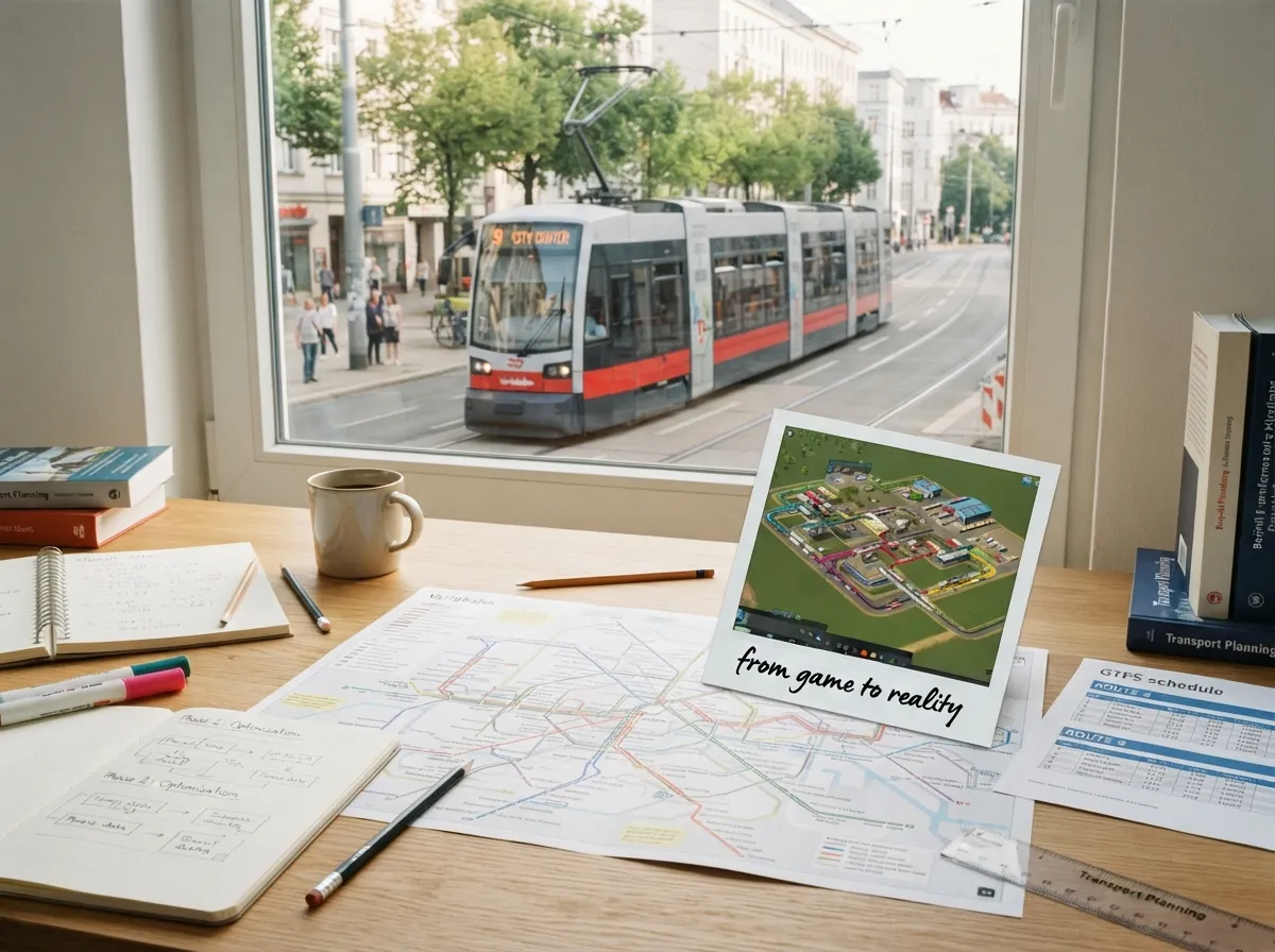 Planner’s desk with transit map, GTFS notes, and a game-like network polaroid — from game to reality