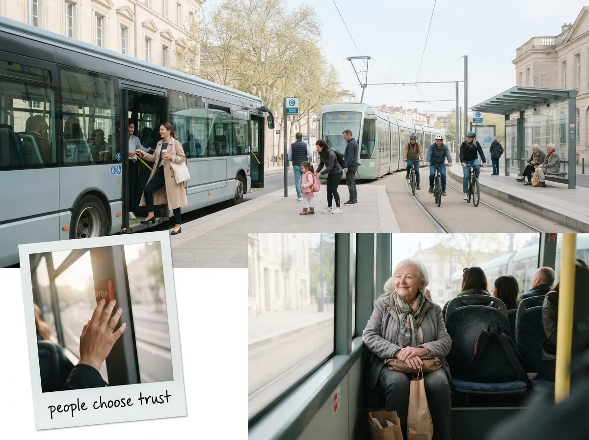 Multimodal street with boarding riders, tram, cyclists, and a stop-button polaroid — people choose trust