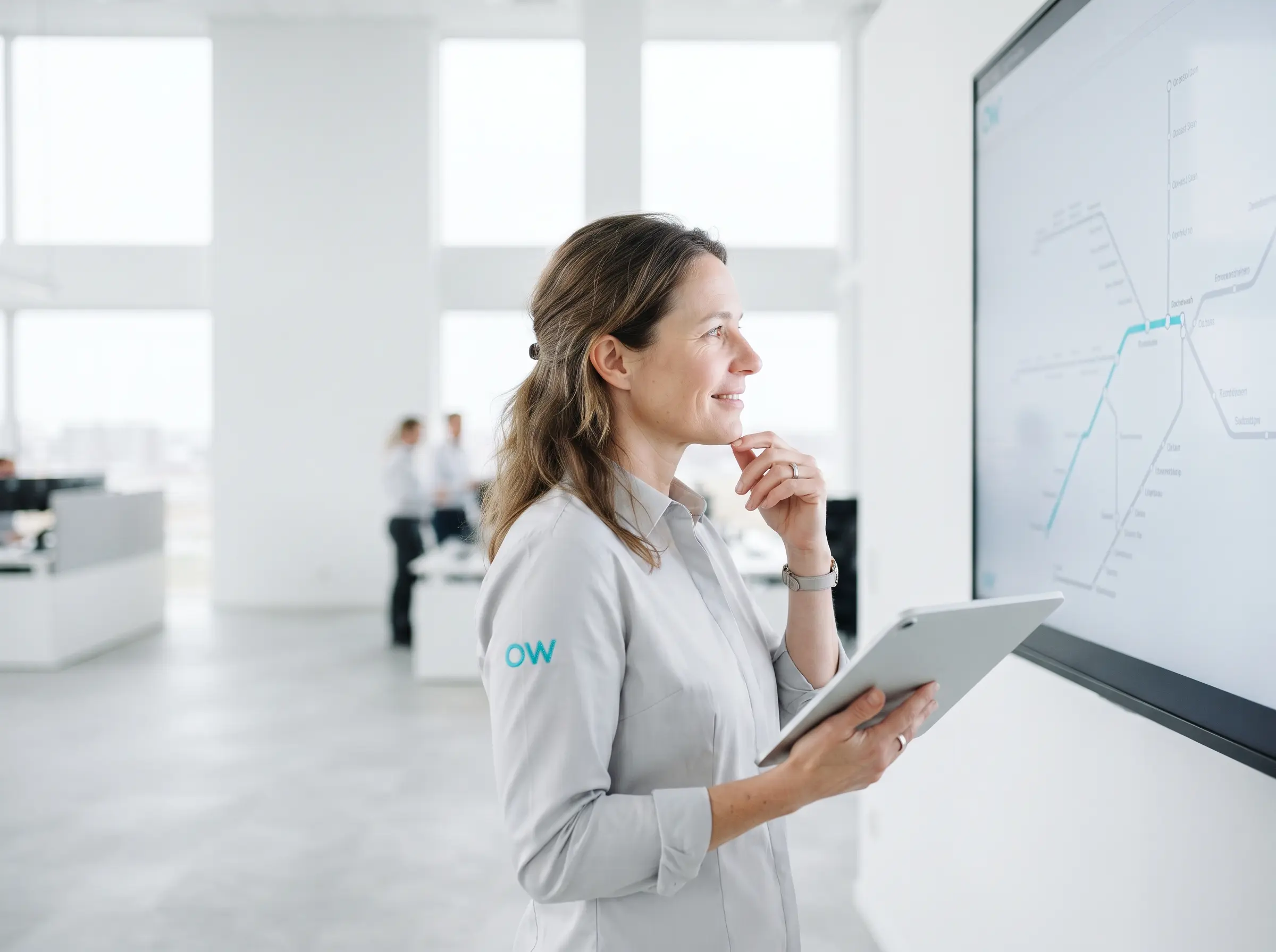 OW Optimize the World — operations coordinator reviewing a digital transit dashboard
