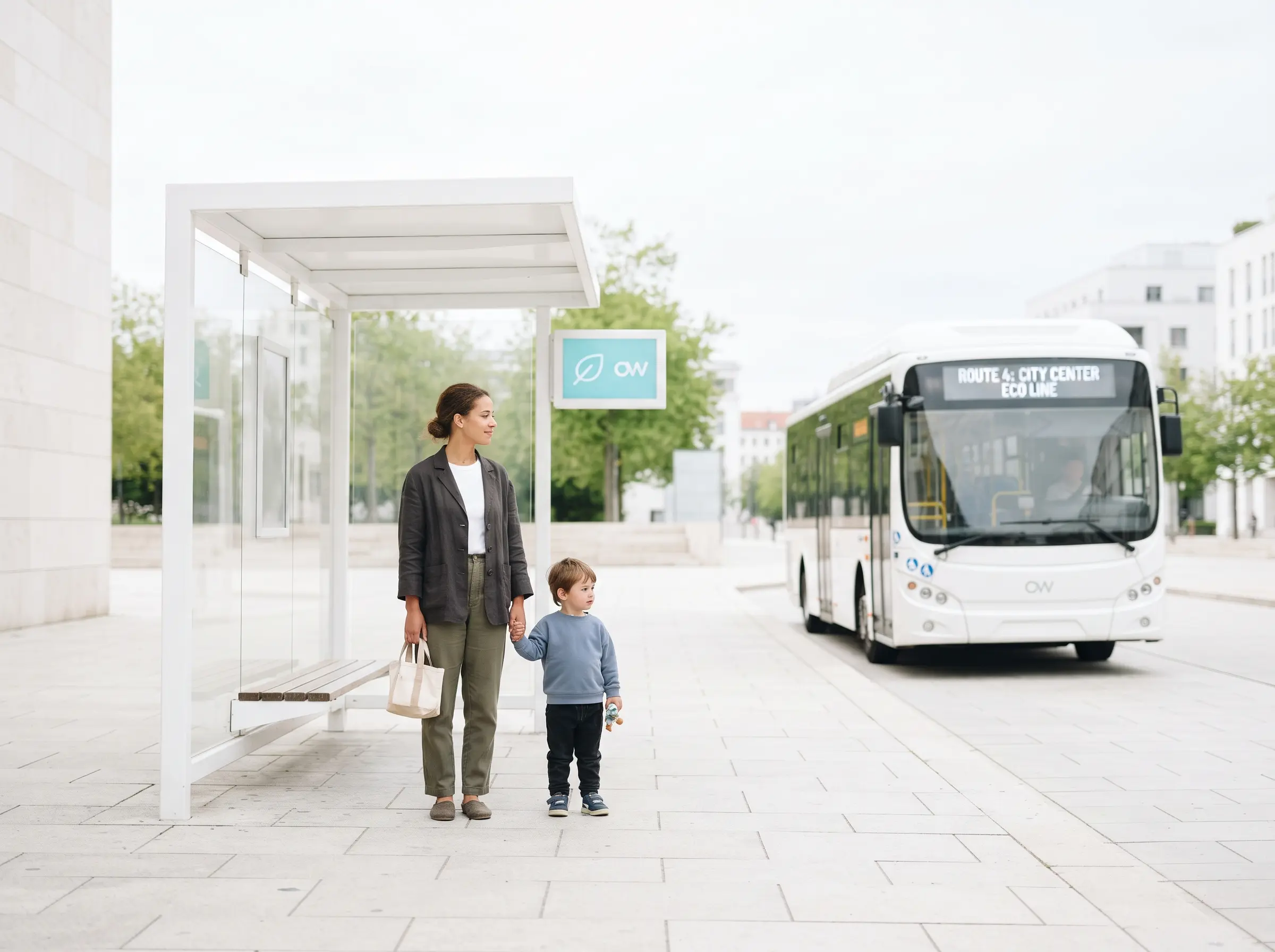 OW Optimize the World — parent and child boarding a public bus