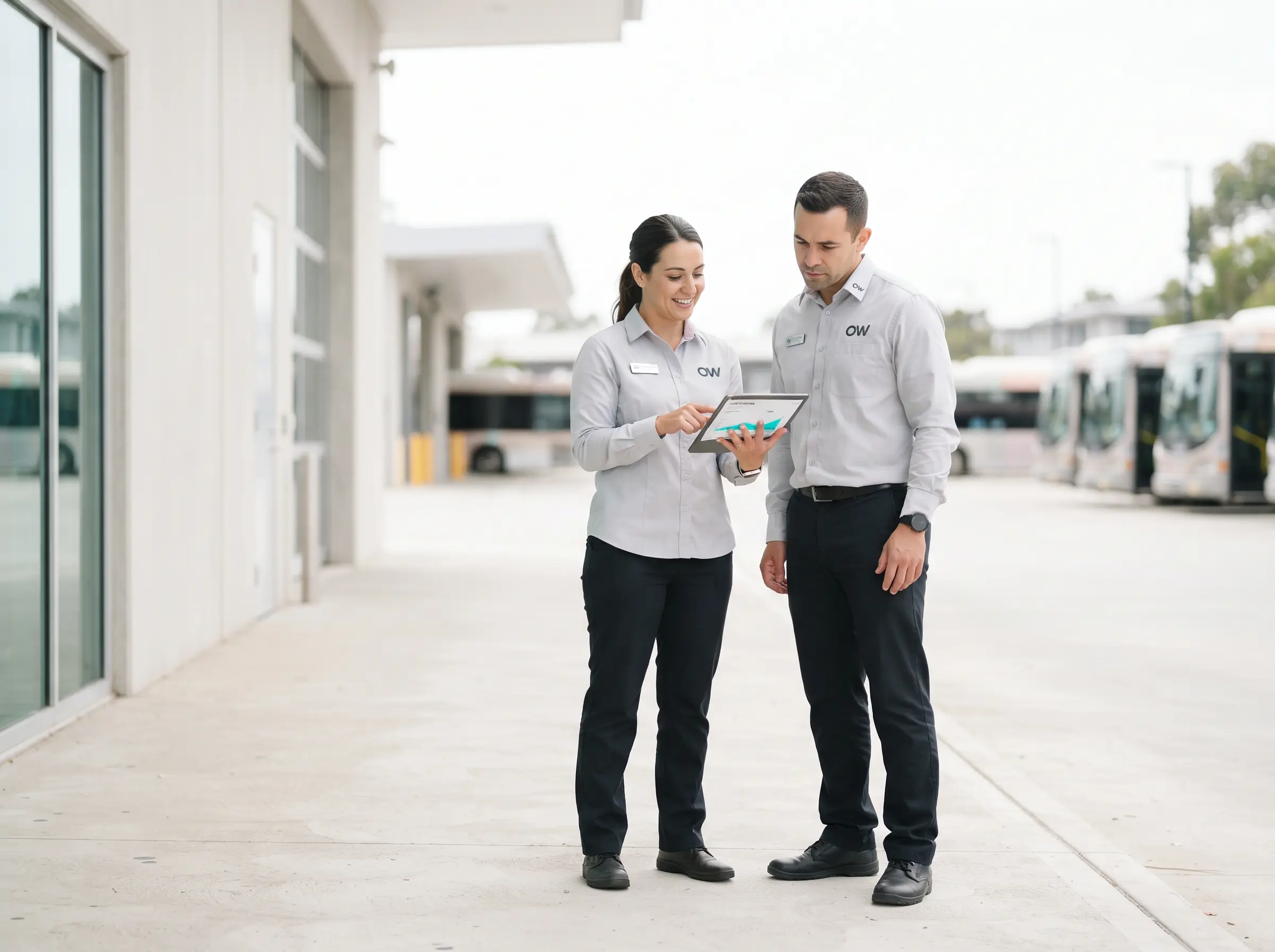OW Optimize the World — transit staff reviewing operational data on a tablet
